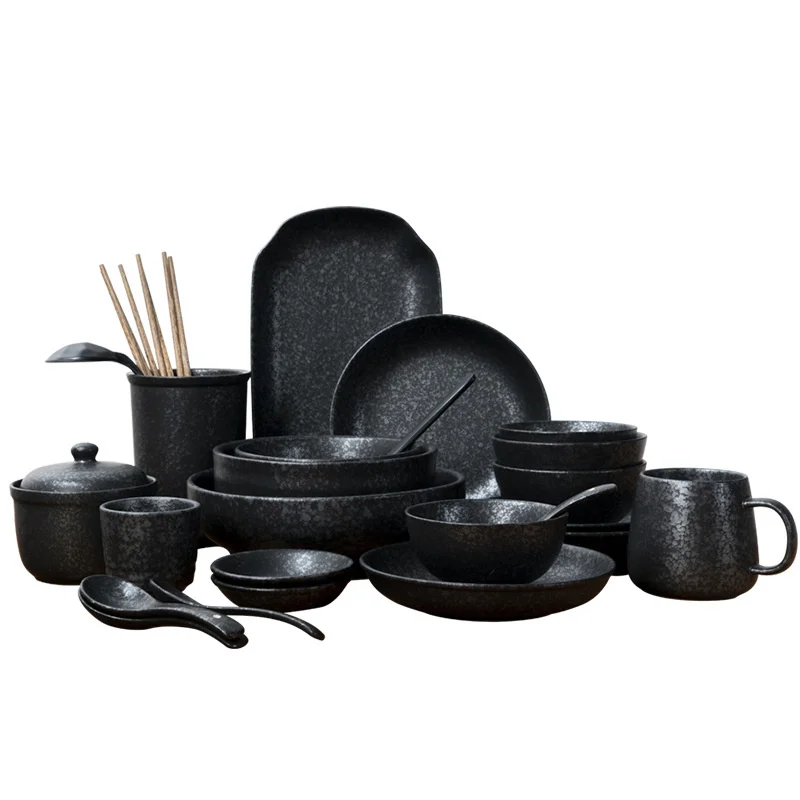 Japanese Black Porcelain Dinner Plate Tableware Rice Soup Noodles Bowl Cup Fish Plate Stewed Egg Bowl Bowl