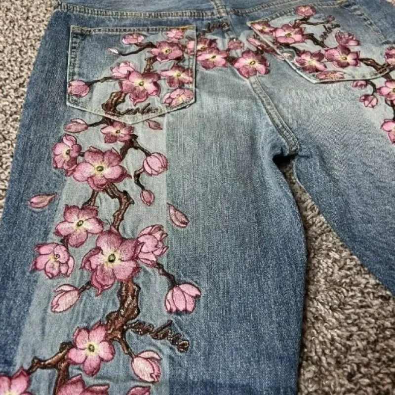 Deeptown American Retro Cherry Blossom Embroidery Jeans Man Women Gothic Y2K Baggy Harajuku Hip-Hop Casual Wide Jeans Streetwear