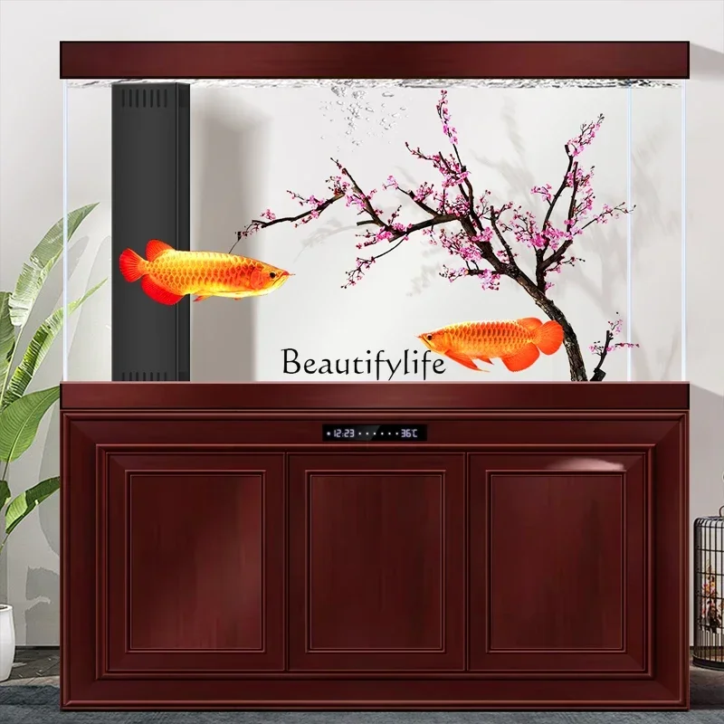 

FG26Retro Chinese large arowana tank ecological no-change aquarium box ultra-white glass solid wood cabinet