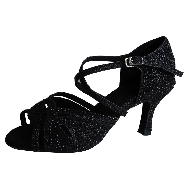 High Quality Customized Heel Black Glitter Dancing Shoes Latin Shiny Crystal Beautiful Dance Sandals in Summer