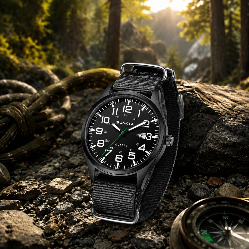 Sunkta Outdoor Man Watch Fashion Casual Sport Calendar Nylon Belt Waterproof Luminous Clock Quartz Men's Wristwatch Daily Outfit