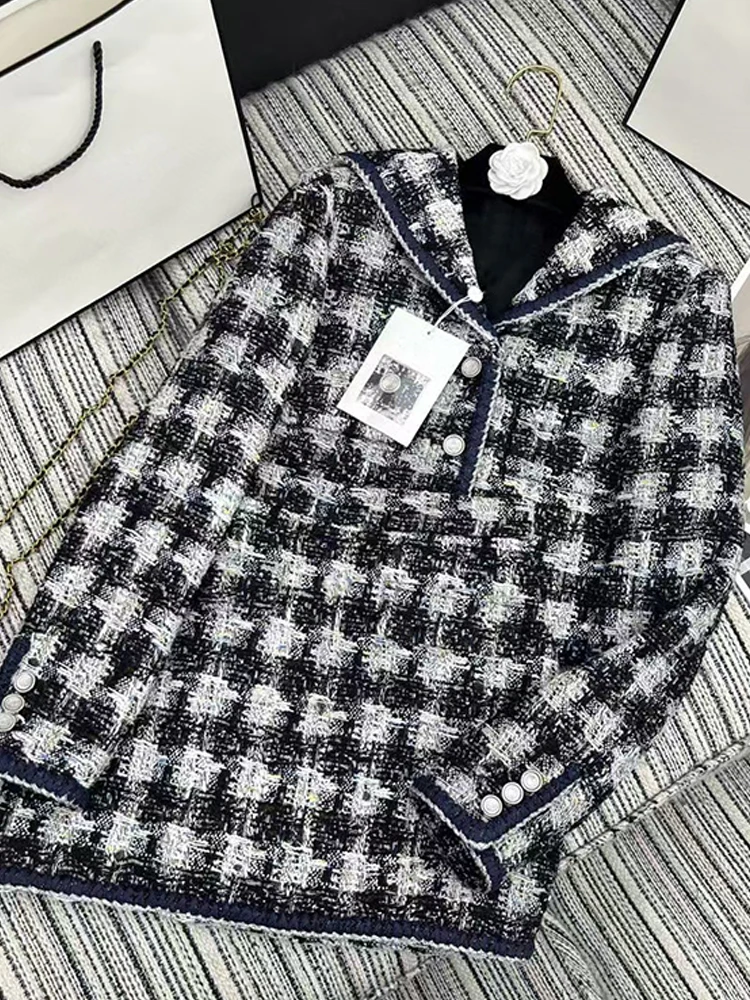 

Designer's retro woven plaid tweed navy collar short jacket two-piece 2024 fall women's new + A-line skirt fashion suit