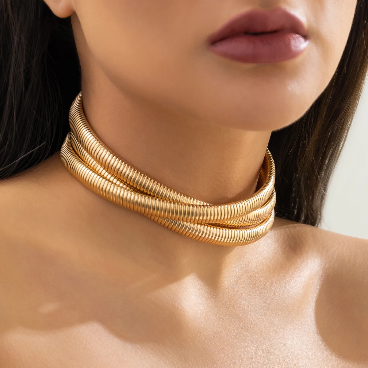 IngeSight.Z Exaggerated Vintage Multilayer Thick Twisted Metal Choker Necklace for Women Punk Chunky Short Gold Color Collar