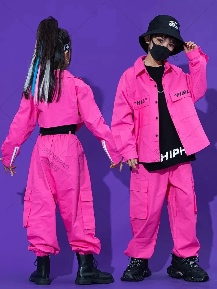 Pink Hip Hop Dance Clothes For Kids Kpop Costume Tooling Coat Cargo Pants Girls Concert Group Hiphop Performance Outfit JUPAOPAO