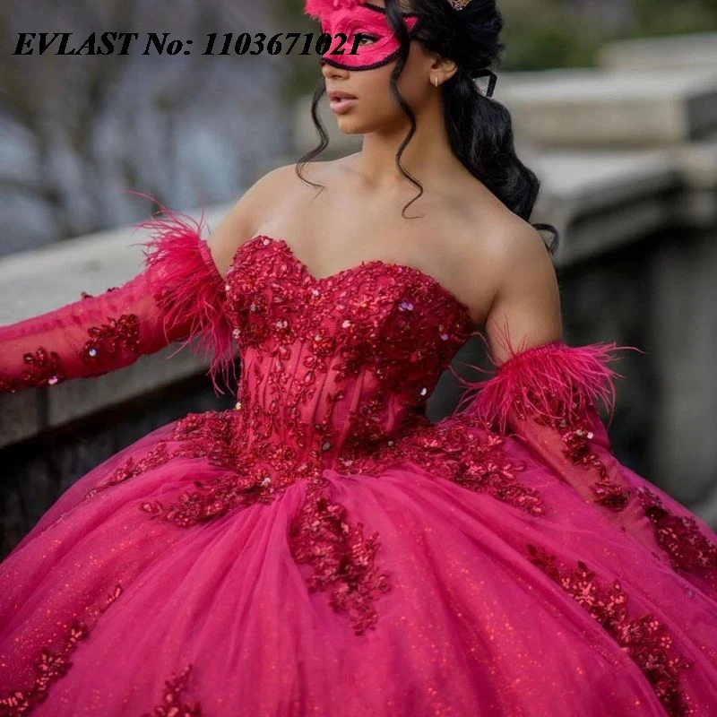 EVLAST Aangepaste Roze Quinceanera Jurk Baljurk Glanzend Kant Applique Kralen Corset Sweet 16 Vestidos De XV 15 Anos SQ168