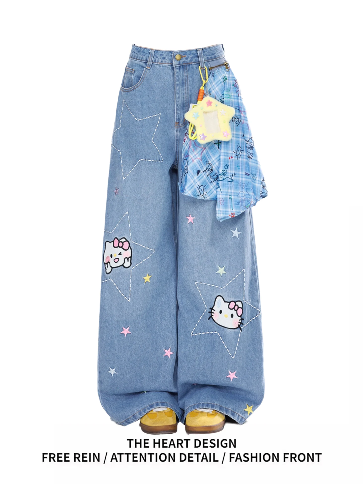

American Sle Loose Wide Leg Pants Women's Spring New Design Sense Cheered Scarf Embroidery Denim Jeans High Waist Straigh...