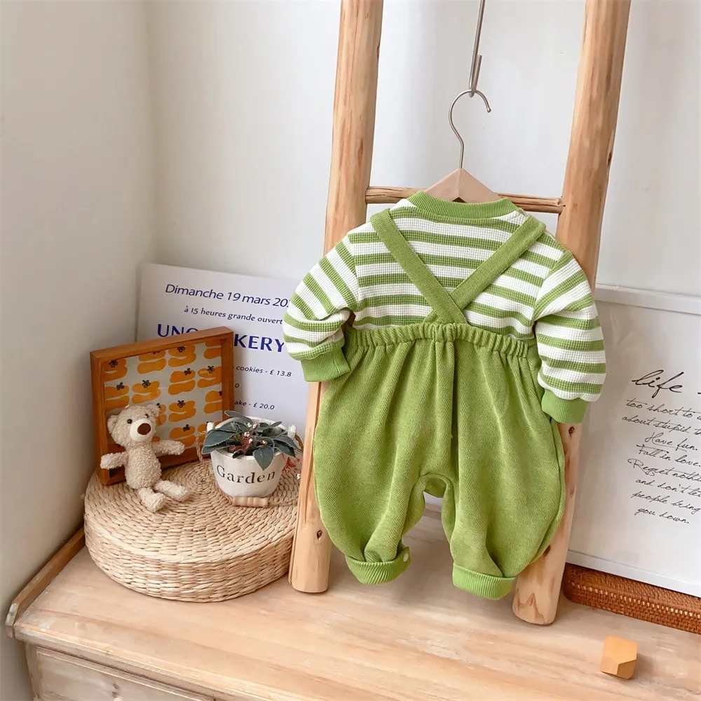 New Fall 2023: Baby Boy Long Sleeve Striped Waffle Top Sweatshirt+ 3D Cartoon Burger Suspender Pants Set, Children 2pcs Outfit