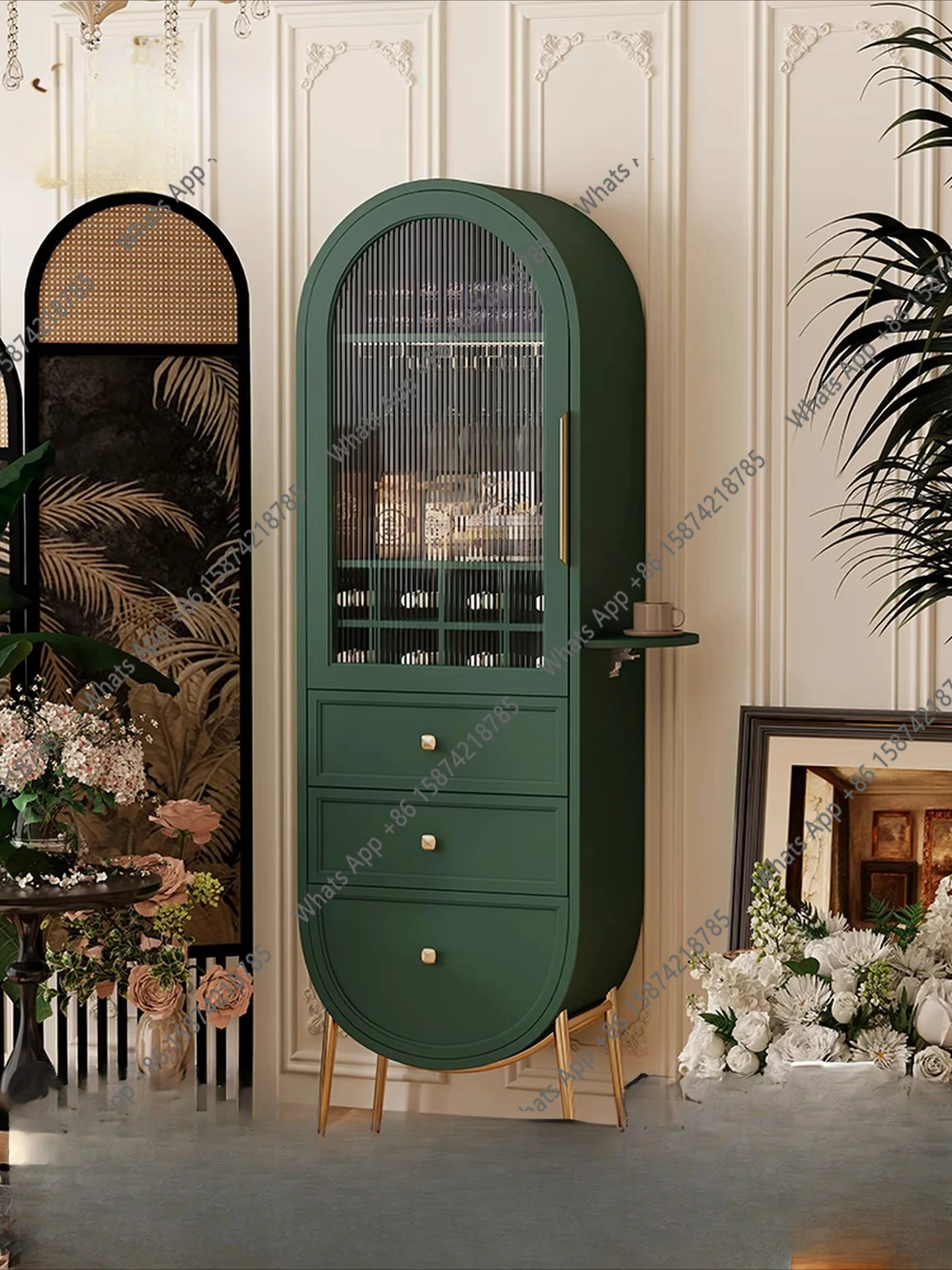 

Retro glass wine cabinet Solid wood storage Home display American guest restaurant Light luxury floor storage cabinet