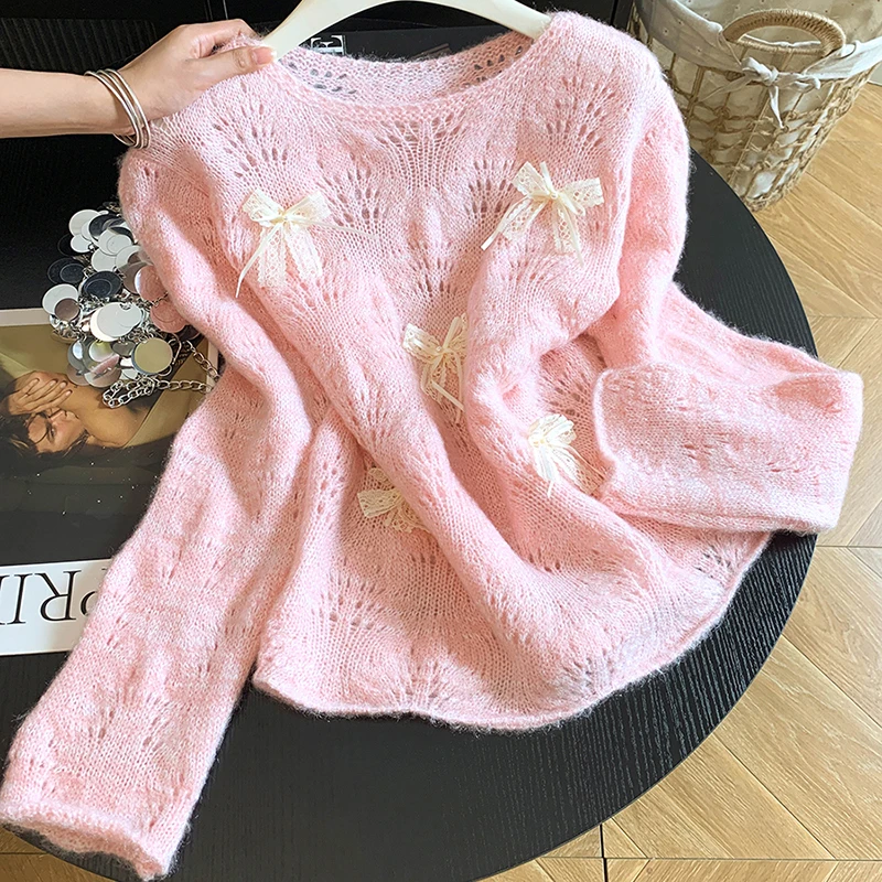 Women Sweet Bow Applique Pointelle Knit Pullover Fuzzy Sweater Long Sleeve Round Neck Y2K Coquette Oversized Top