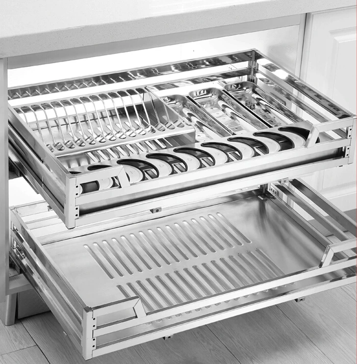 

Kitchen cabinet pull-out basket SUS304 stainless steel double-layer drawe seasoning basket, kitchen cabinet built-in buffer rail