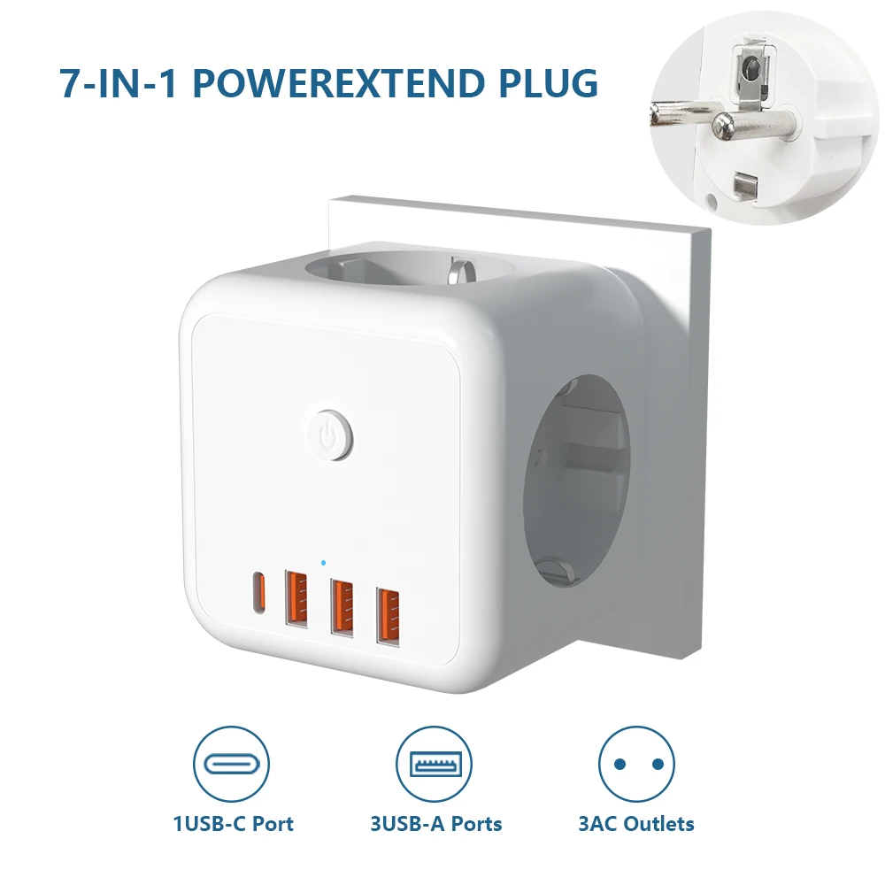 7-in-1 EU Plug Socket 110-250V Power Strip with 3 USB Charging Ports+1 Type C 5V 2.4A + 3 AC Outlets Adapter On/Off Switch