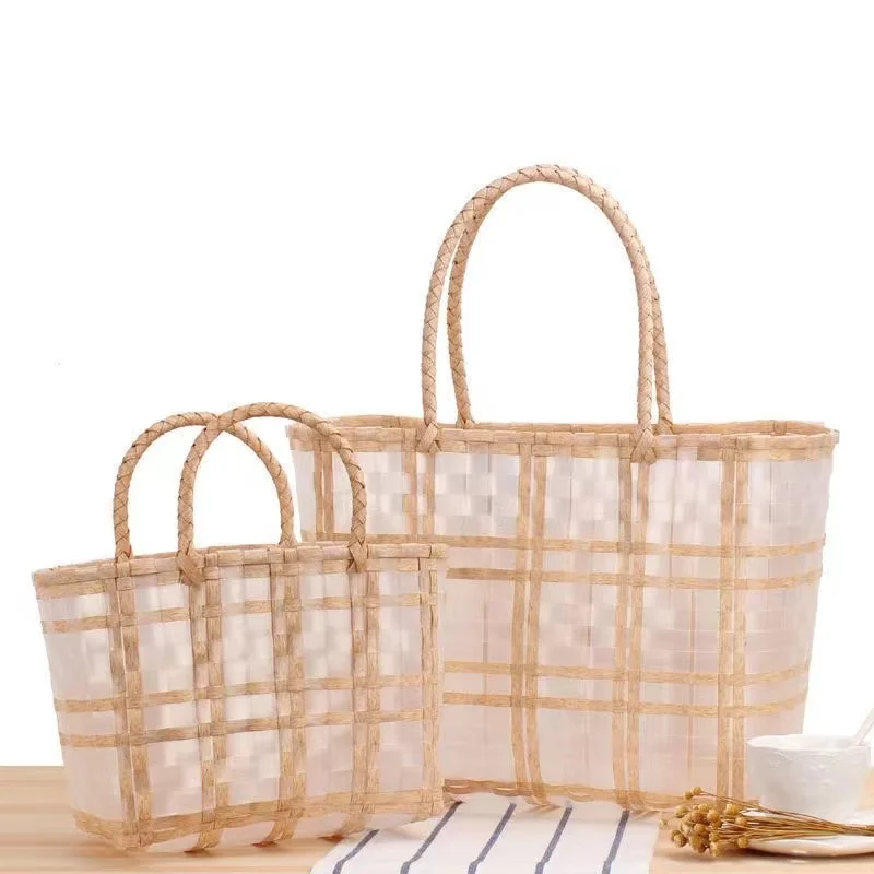 New Transparent Plastic Woven Bag Women Summer Beach Vacation Handbag INS Trendy Shopping Basket Wrist Bag Shopping Street Bag