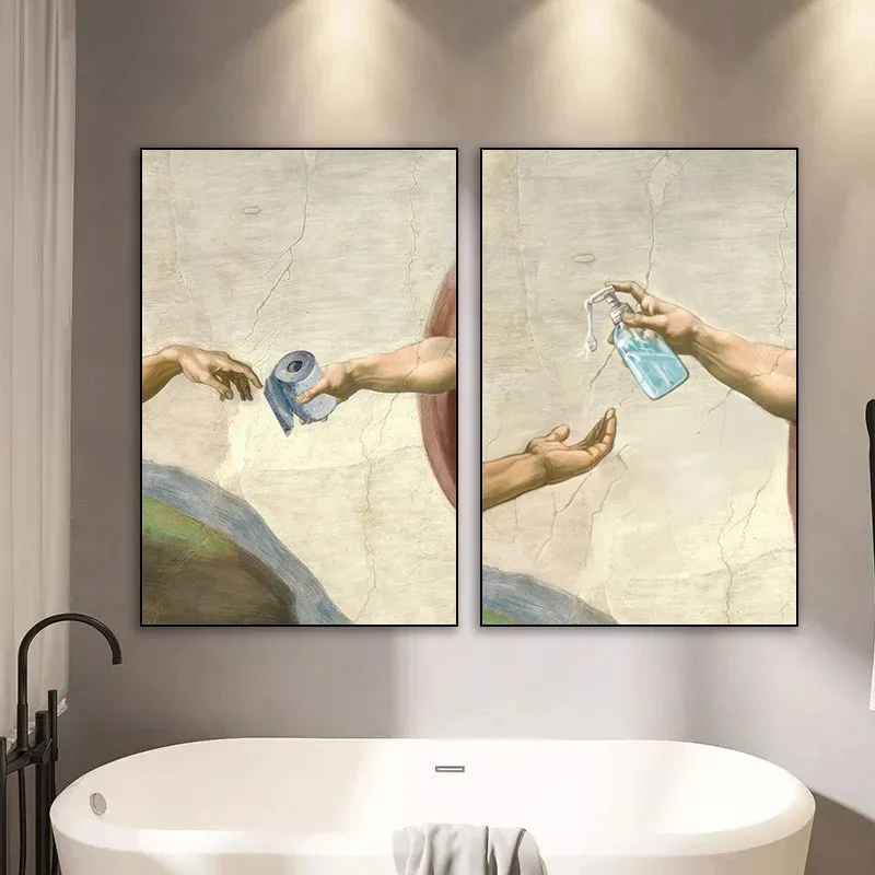 Affiche sur toile amusante avec l'image de la main de Dieu et d'Adam, style rétro, pour salle de bain, toilettes, salon, décoration murale, art pour la maison