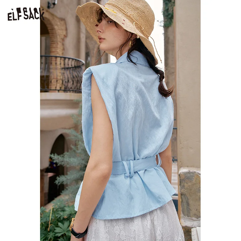 ELFSACK 2025 Summer New Arrivals Solid Color Belt Chic Versatile Shirt For Women