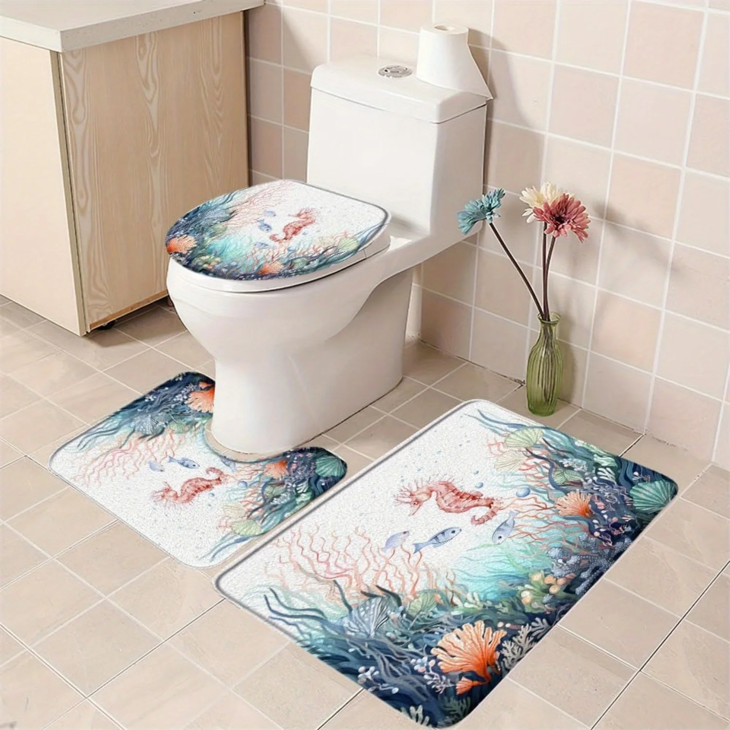 

Набор из 3 ковриков для ванной с морским коньком — акварельный дизайн с океанской тематикой и яркой морской жизнью, включает коврик для ванной комнаты, крышку унитаза