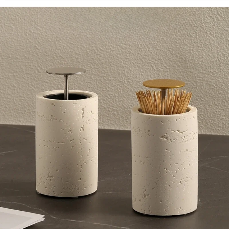 Wabi-sabi beige white toothpick dispenser premium automatic press tooth pick light luxury box