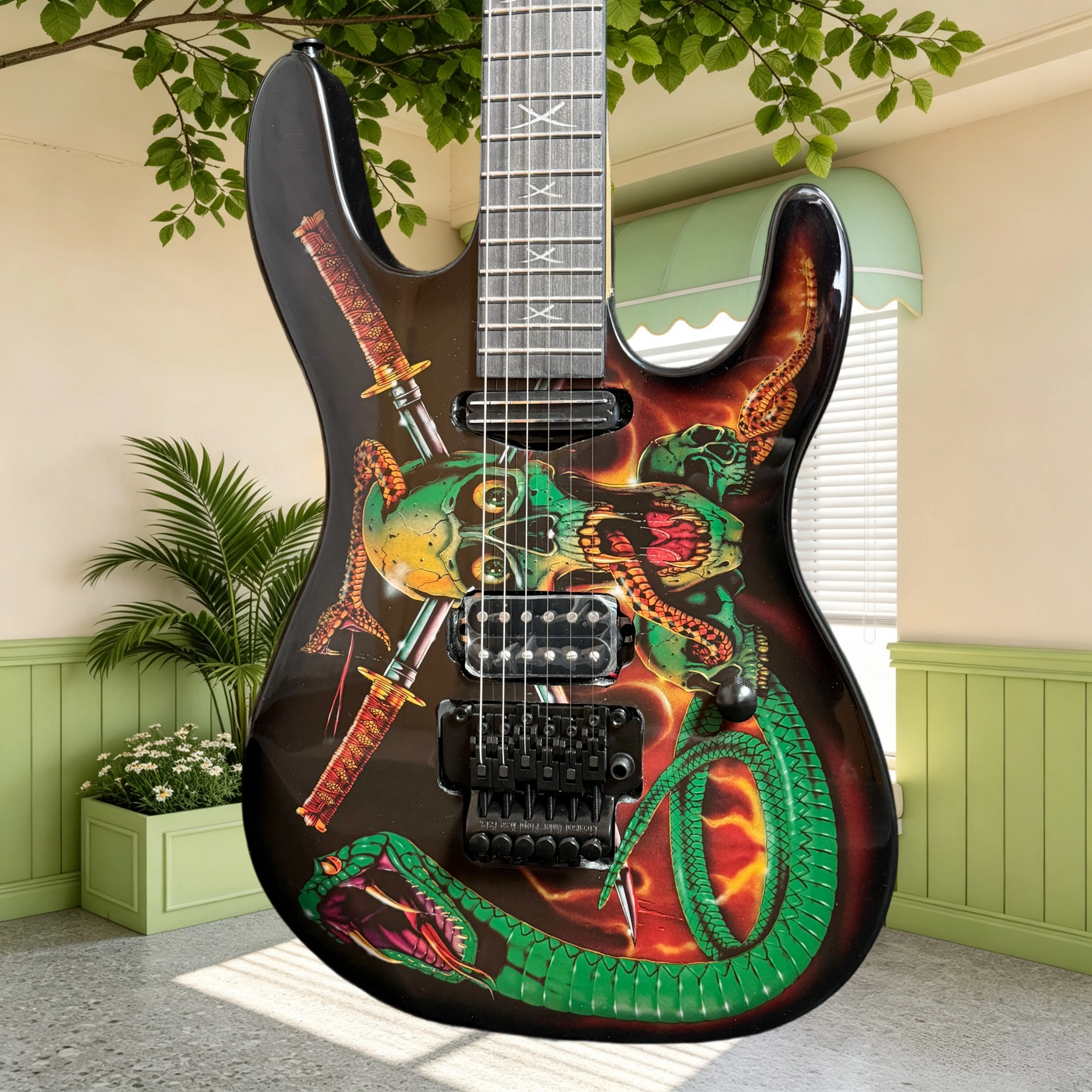 Double Tremolo STA Electric Guitar Mahogany Body Rosewood Fretboard Skull Snake Graphic Heavy Metal Hard Rock Stage Performance