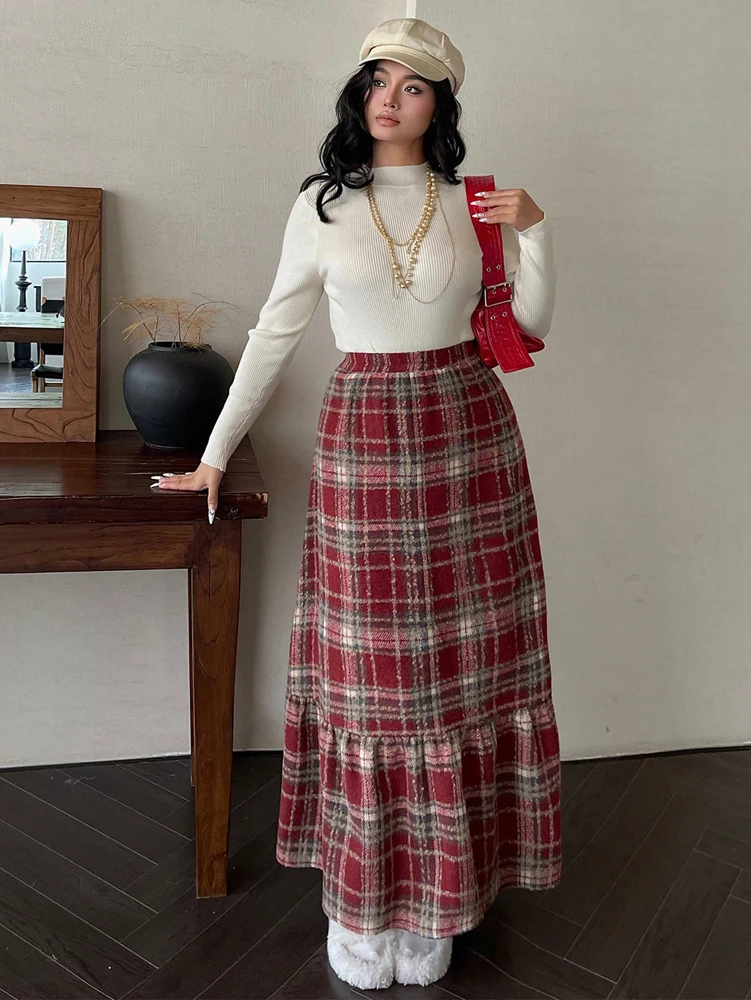 تنورة تنحيف على شكل حرف A عالية الخصر منقوشة باللون الأحمر مقاس كبير لملابس السنة الجديدة، لملابس نسائية شتوية ماكسي تويد #3