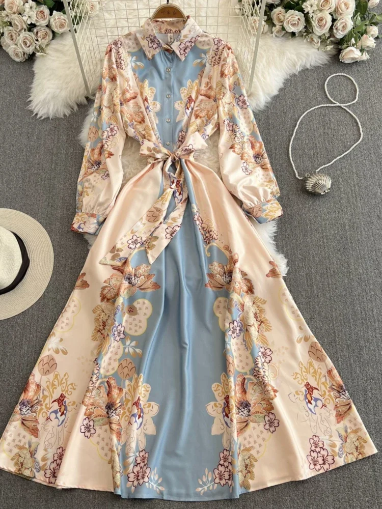 

Spring Autumn Palace Design Long Dress Women Retro Print Long Sleeved Shirt Dresses Ladies Lapel Floral Party Long Robe Vestidos