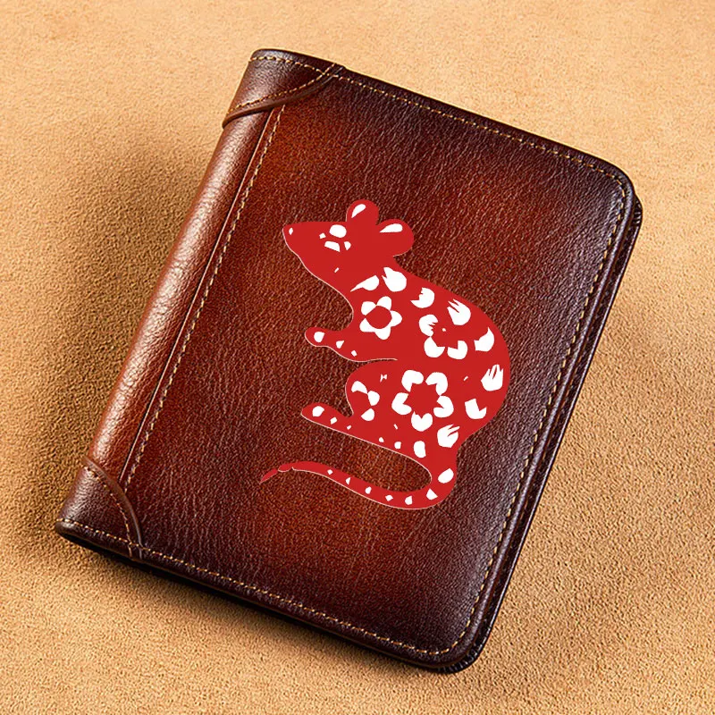 

High Quality Genuine Leather Men Wallets Chinese Zodiac Mouse Signs Short Card Holder Purse Trifold Men's Wallet BK3823