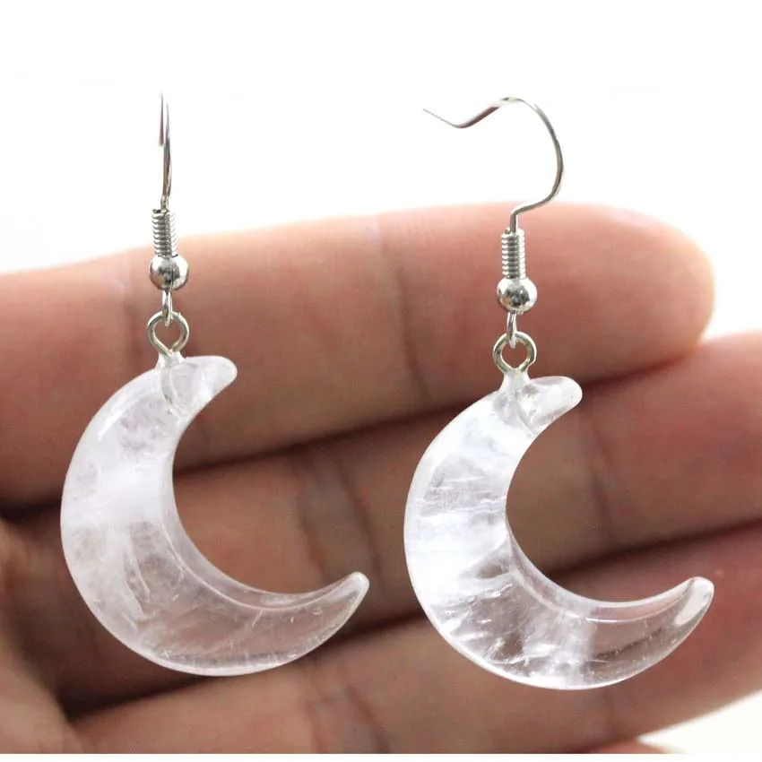 Natural Crystal Stone Crescent Moon Pendant Healing Crystals Quartz Reiki Dangle Hook Earrings Pendant Necklace For Women Girls