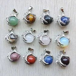 Fashion silver color dragon claw Hold Mix natural Stone round beads pendants diy Jewelry Making Necklaces 12pcs wholesale