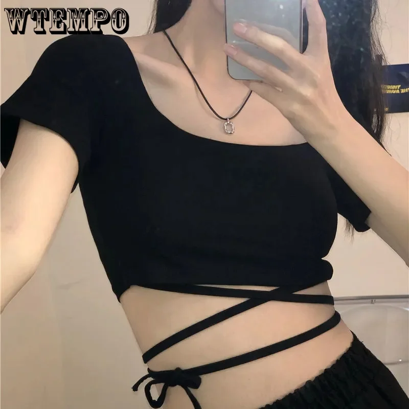 Short Exposed Navel Hottie T-shirt Cross Strap Slim Sexy Crop Top Hotsweet Women Square Neck Short Sleeve Korean Fashion Summer