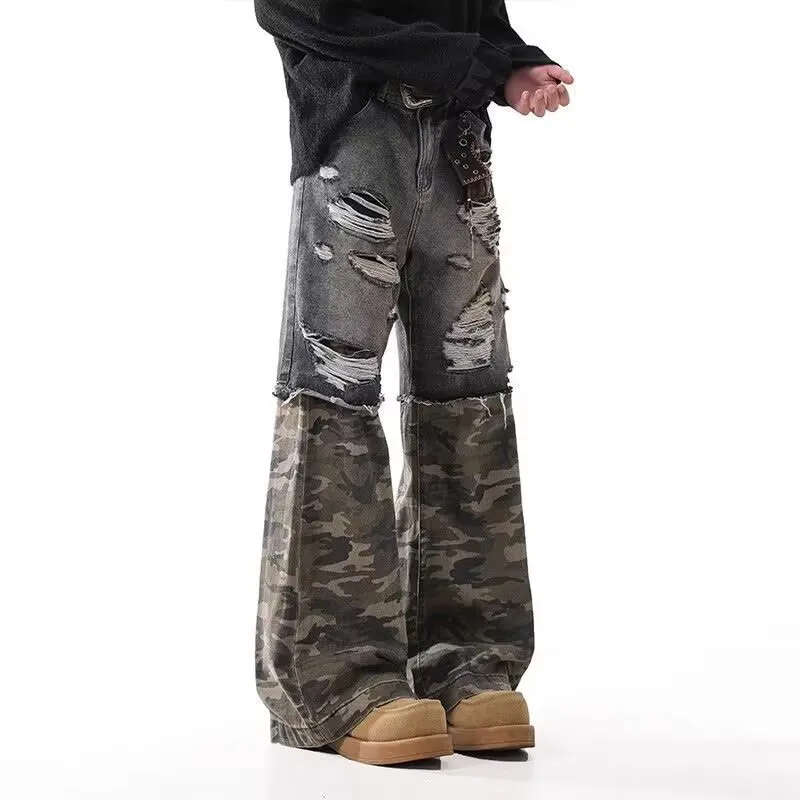 

American High Street Waed Heavyweight Camouflage Denim Pants Men's Hiphop Trendy Brand Patchwork Loose Wide Leg Pants