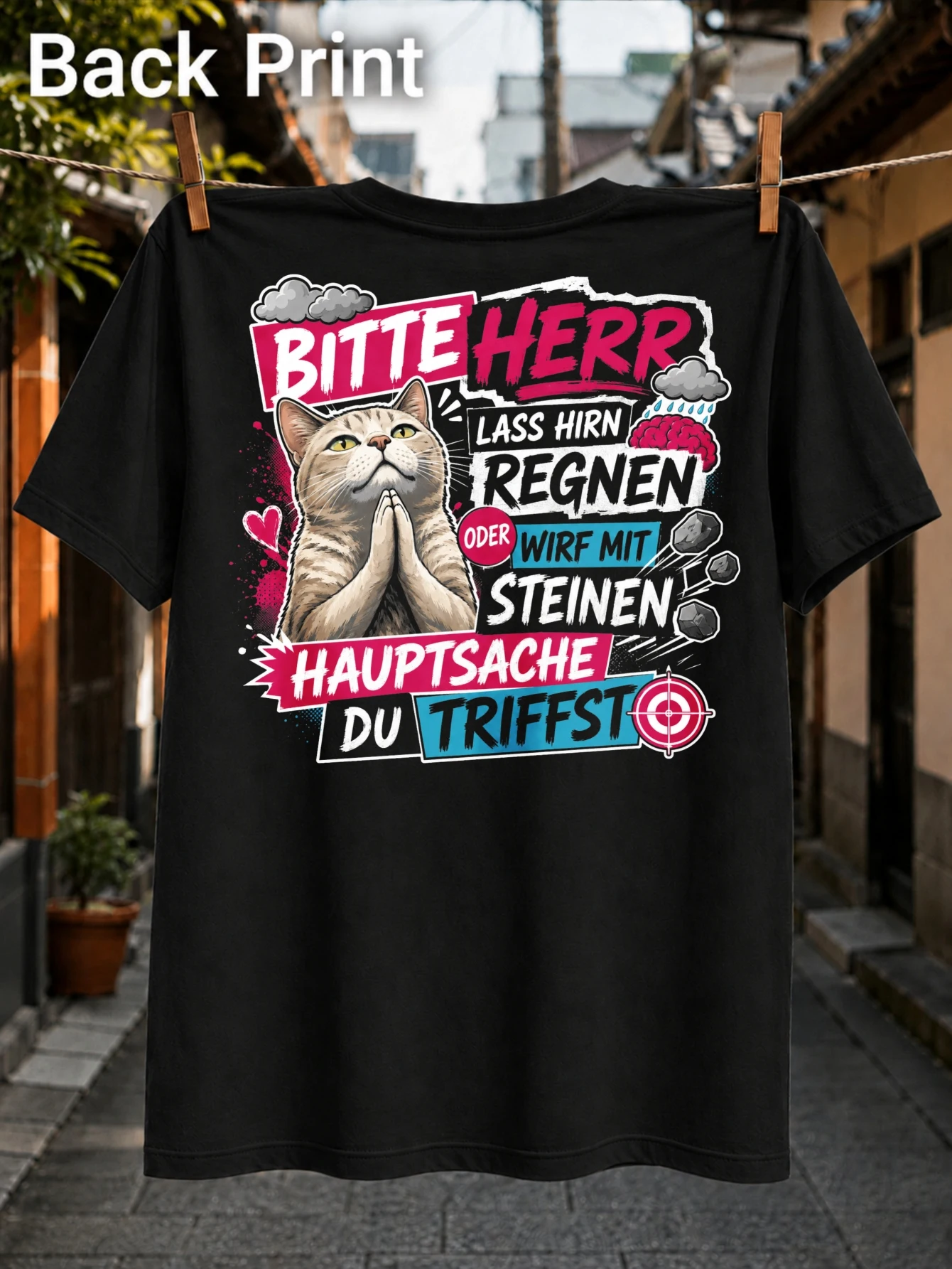 German Praying Cat with Bitte Herr text rain clouds falling stones target icon brain rain and bold  Unisex All T-Shirt