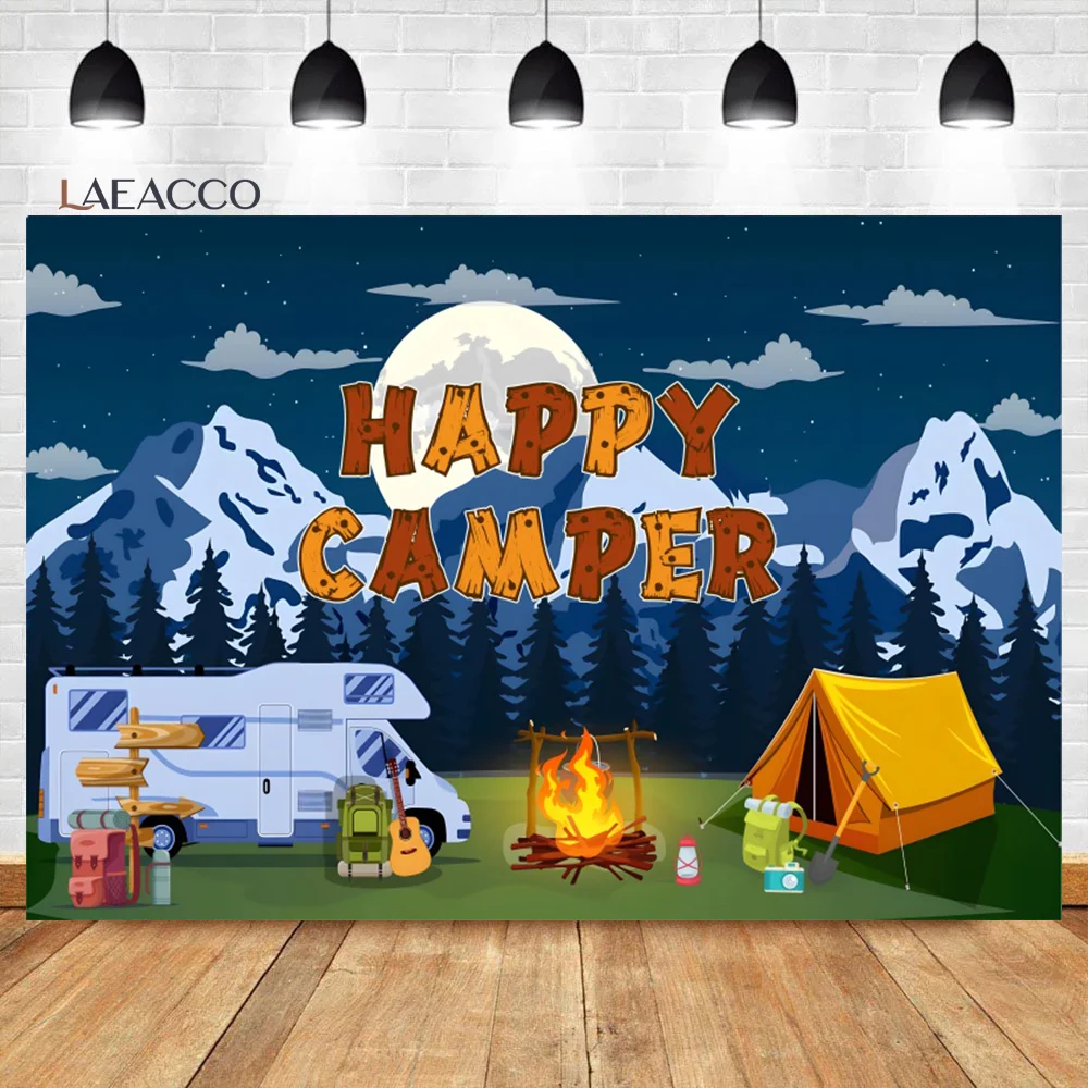 

Laeacco Camping Backdrop Happy Camper Party Campfire Forest Adventure Kids Baby Shower Portrait Custom Photography Background