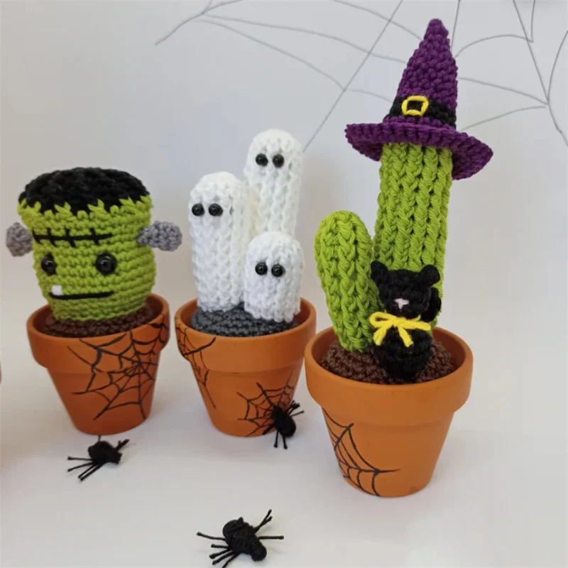 Mini Cute Crochet Finished Handmade Cactus Ghost pumpkin Potted Plants Handmade Bouquets Home Desktop Decorations