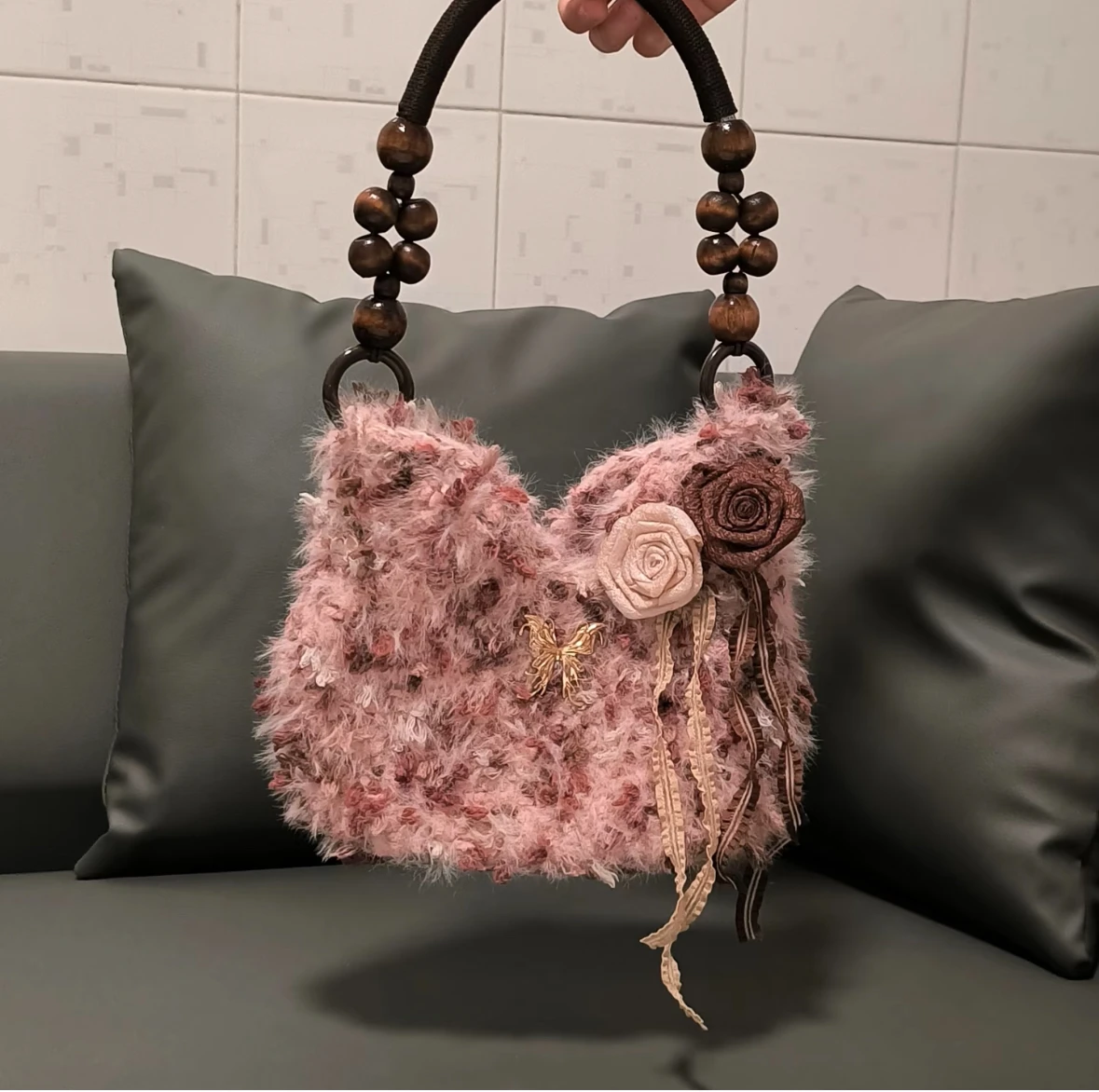 

Handbag for Women Autumn Winter New Rose Underarm Bag Plush Bead Butterfly Shoulder Bags