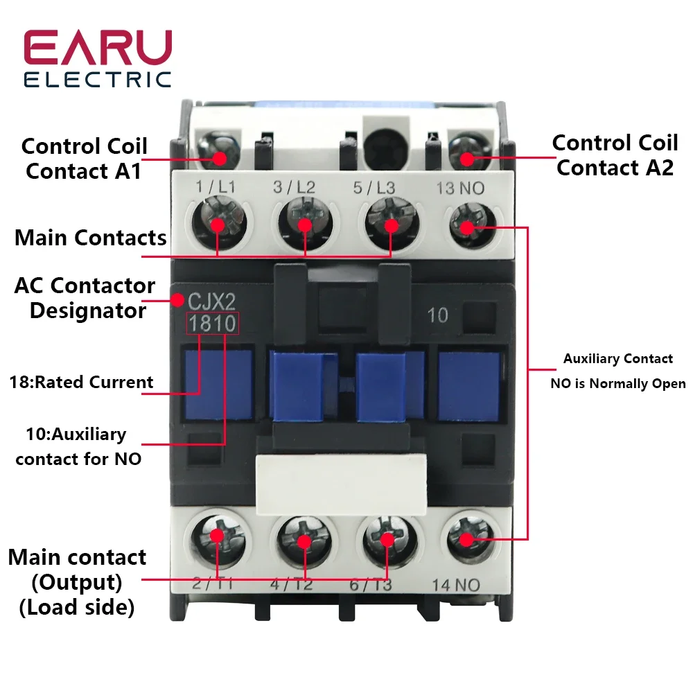 CJX2-1810 LC1 AC Contactor 18A 3 Phase 3-Pole NO Coil Voltage 380V 220V 110V 36V 24V 50/60Hz Din Rail Mounted 3P+1NO Normal Open