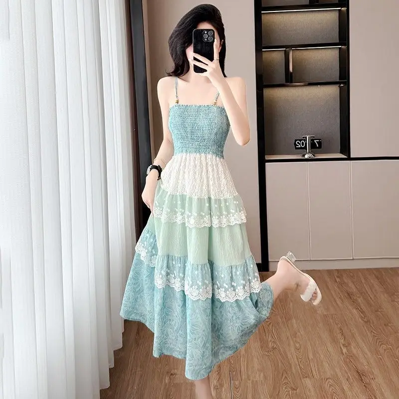 

Women's Backless Halter Dress Spring Summer Casual Vacation Style Lace Cake Fresses Slimming Lady Strap Sleeveless Dress S731