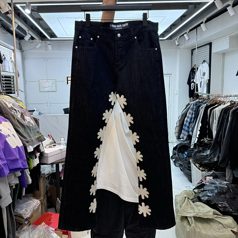 

Heavy Embroidery Pattern Bla Flared Jeans Men's Casual Long Trousers Trendy High Street Sle Youthful Zipper Closure