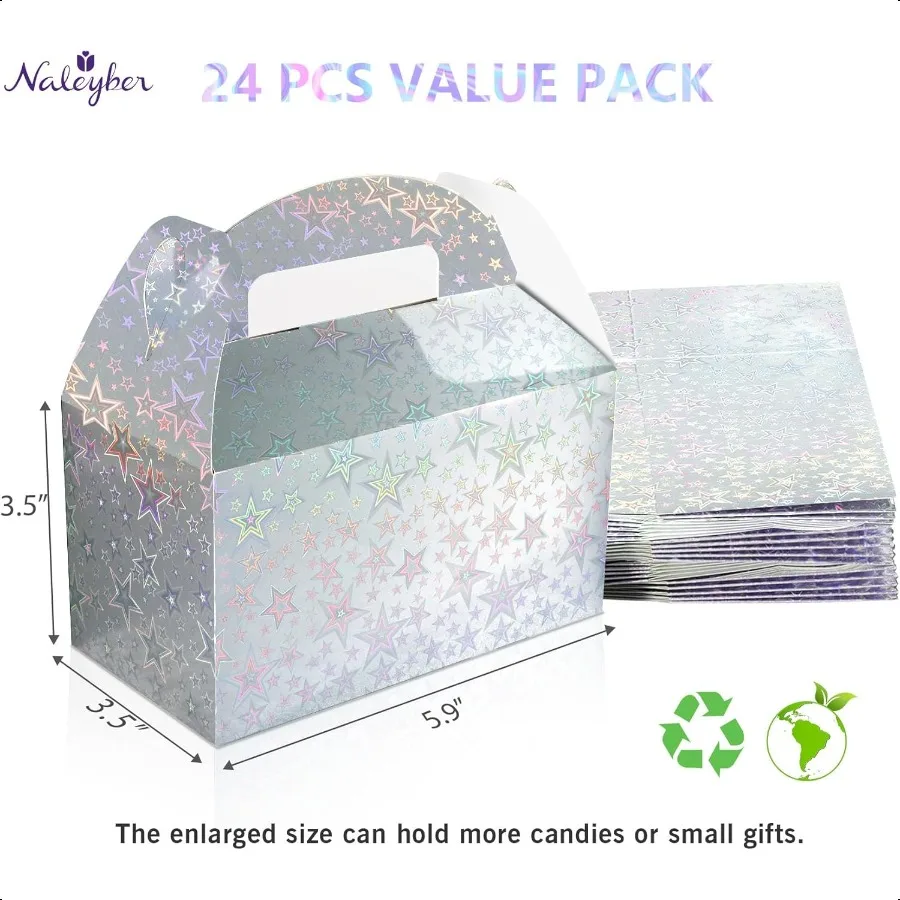 Iridescent Star Party Favor Treat Box 24pcs Holographic Gable Boxes for Candy Snacks Gifts Shiny Goodie Boxes for Birthday part