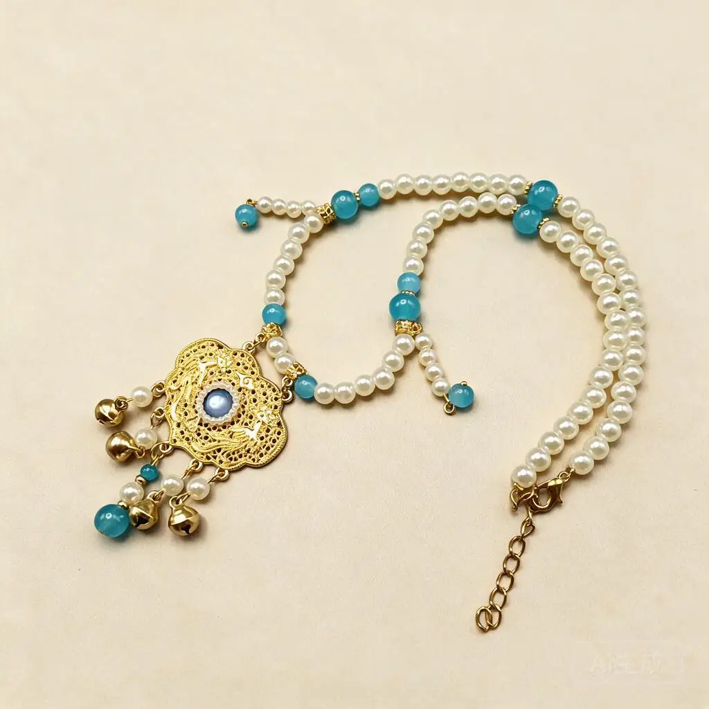 Handmade New Chinese Style Long Tassel Pearl Blue Bead Necklace Gold Bell Pendant For Hanfu Cheongsam Horse Face Skirt Wear Gift