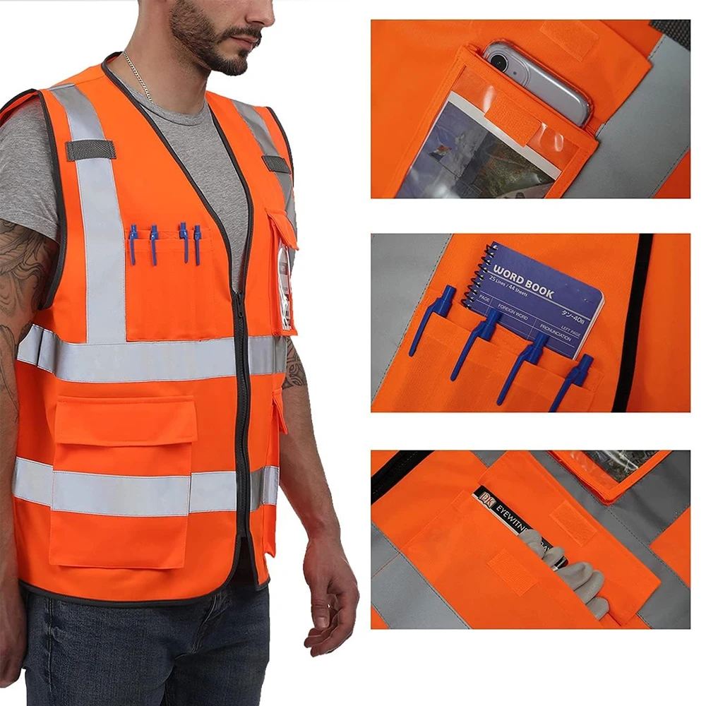 Reflective Work Safety Vests High Visibility with Pockets and Zipper Man Working Clothes Industrial Safety Vest Hi Vis Orange