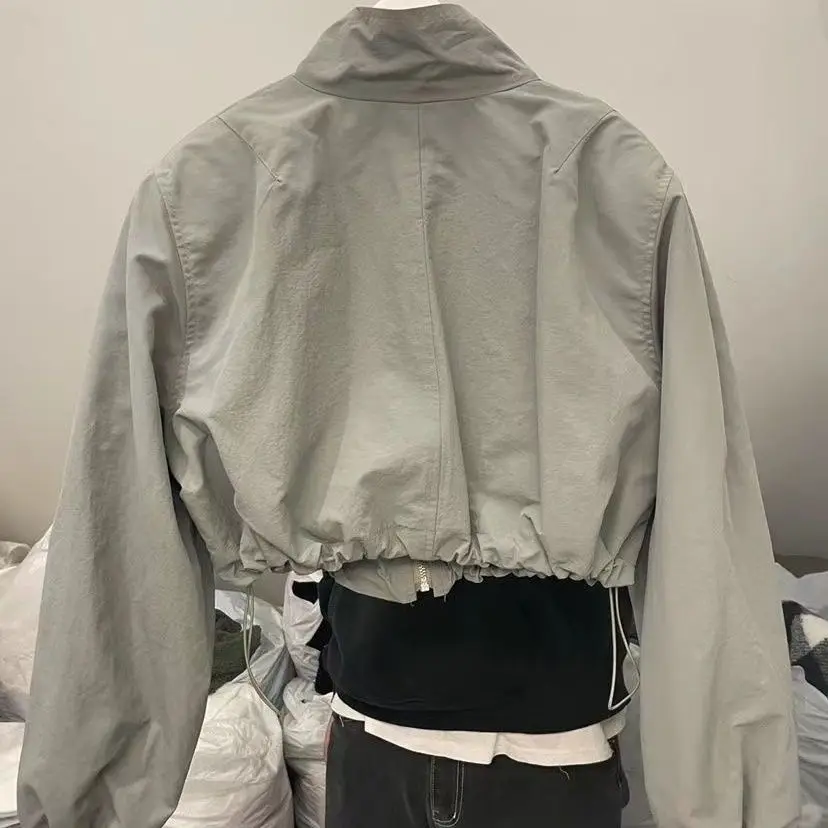 Women Spring Summer Sun Protection Jacket Drawstring Pleated Stand-up Collar Zipper Sweatshirt Short Jacket Lightweight Coat
