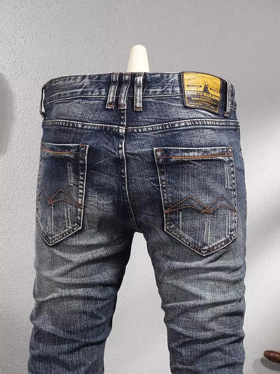 Fashion Designer Men Jeans High Quality Retro Washed Blue Elastic Slim Fit Ripped Jeans Men Vintage Casual Denim Pants Hombre
