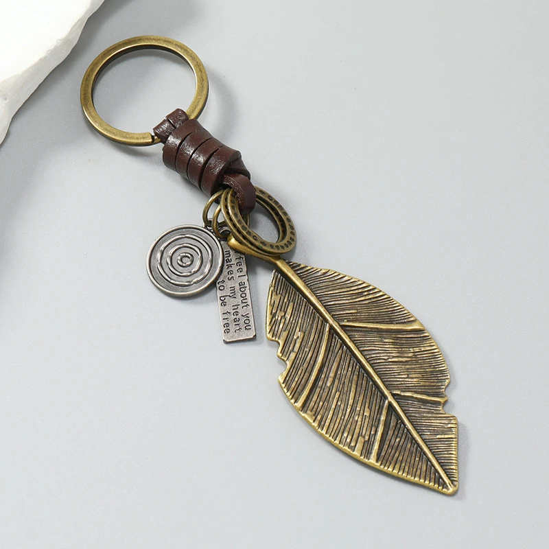 Fashion metal leaf pendant men keychains leather key ring