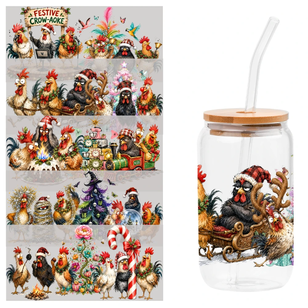 5 Sheets Festive Chicken Christmas Scene UV DTF Stickers Glass DTF Transfer Stickers DIY Water Bottle Glass Waterproof Rub on