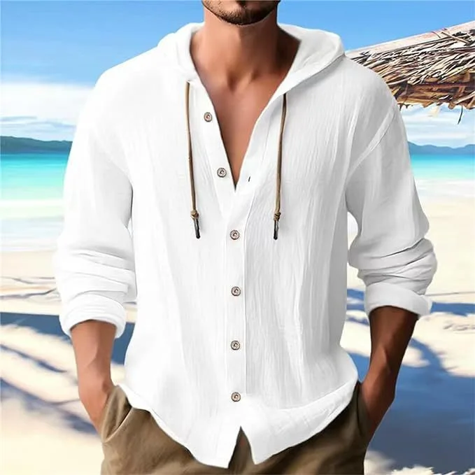 Men's lightweight beach shirt with hood   Henry shirt Casual Long Sleeved Shirt Cotton And Linen Cardigan Daily Versatile Top