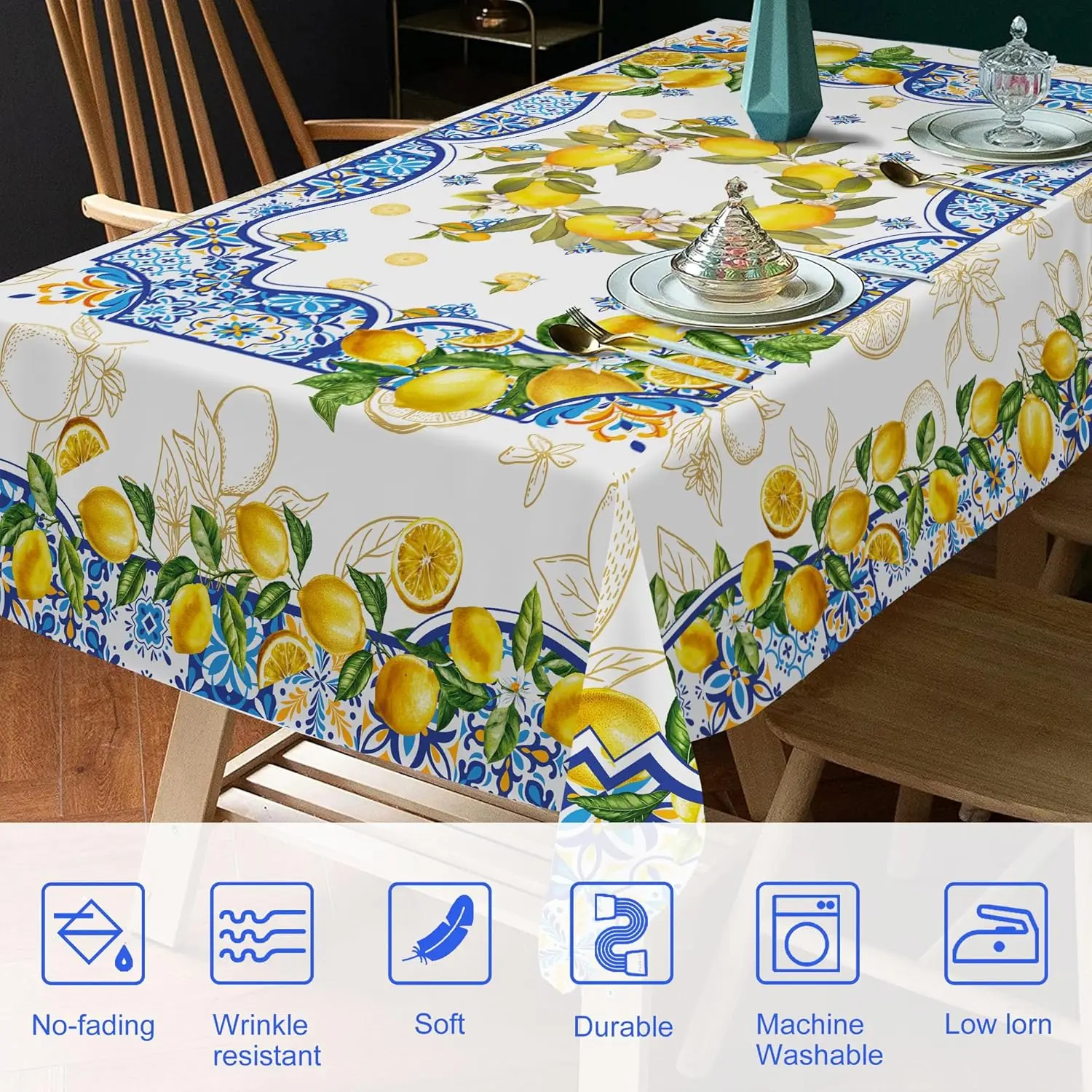 Lemon Tablecloth Yellow and Blue Mediterranean Summer Decor Tile Flower Pattern Table Cloth Italian Themed Decor