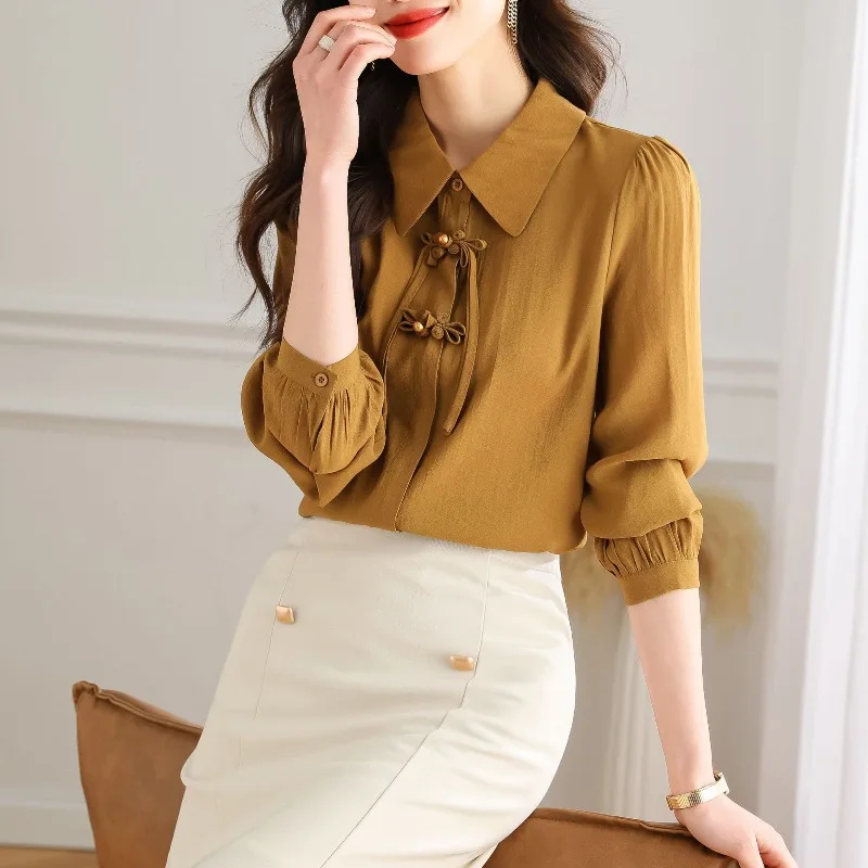 Chinese Style Spring and Autumn Women's 2024 Patchwork Polo Collar Button Fashion Solid Loose Minimalist Long Sleeved Shirts