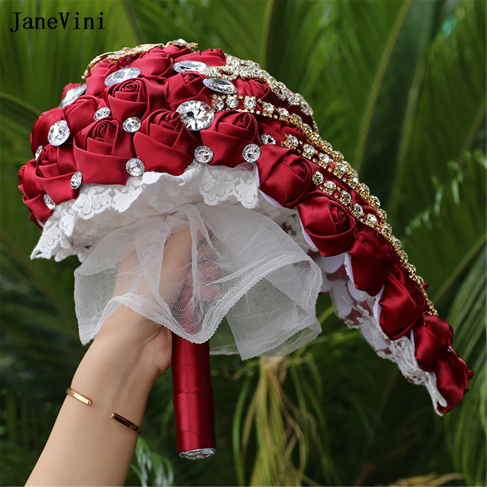 JaneVini Burgundy Cascading Flowers Waterfall Bridal Bouquets Sparkly Rhinestones Artificial Satin Roses Wedding Brooch Bouquet