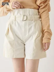 BPN casual patchwork belts shorts for women high waist solid loose wide lege short pants female fashion clothing