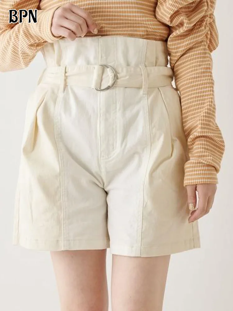 BPN casual patchwork belts shorts for women high waist solid loose wide lege short pants female fashion clothing