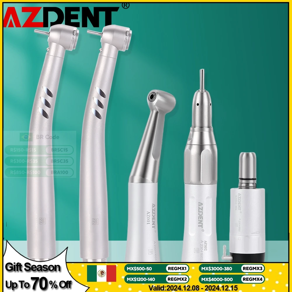 Azdent Dental LED High Low Speed Handpiece Kit Push Button 3 Water Spray 1:1 Standard Head Contra Angle Straight Air Motor Set