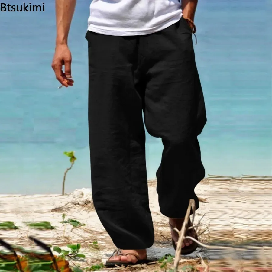 New Men's Summer Cotton Linen Pants Solid Breathable Loose Casual Beach Trousers Men Drawstring Straight Pants Fitness Joggers